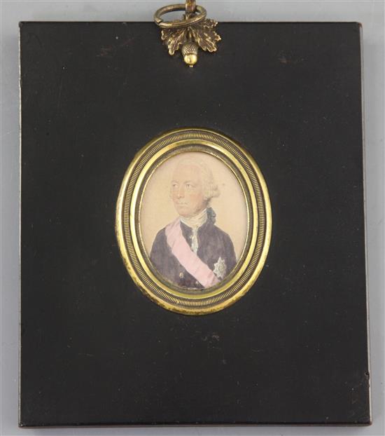 John Smart (1742-1811) Miniature of a Knight of the Realm, wearing a pink sash 1.75 x 1.5in.